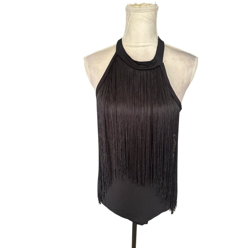 Women Sleeveless Halter Fringe Sexy Body Suit Goth Stretchy Sexy Western NWT  L